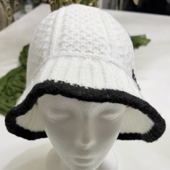 White Knit Cloche Bucket Hat With Black Trim – Winter Hat - Picture 4 of 8